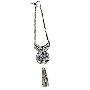 Filigree Crescent Moon and Circle Silver Tassel Necklace Boho Statement